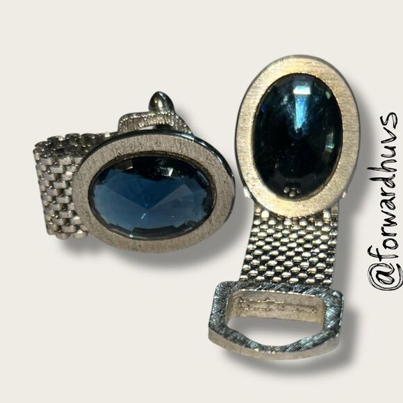 Vintage Silver-Tone Mesh Cufflinks – Faceted Blue Glass Stones - Picture 8 of 9